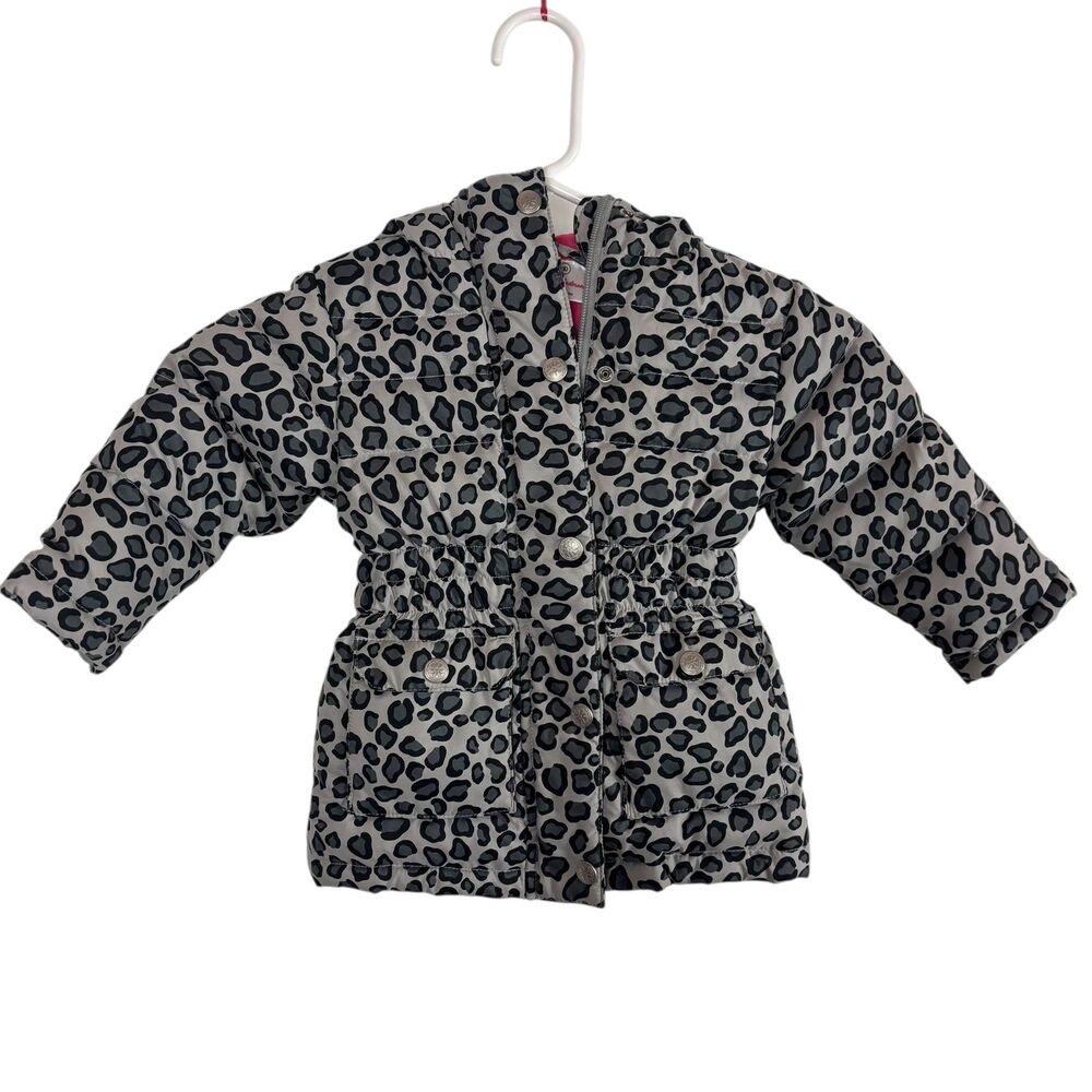 Hanna Andersson Gray Leopard Print Hooded Puffer Coat Girls 18-24 Months - Picture 1 of 4